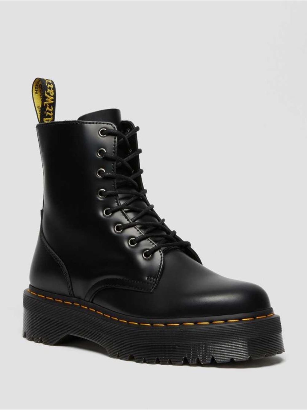 Dr. Martens Black Leather Platform Lace-Up Boot with Yellow Stitching